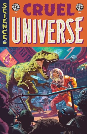 A capa de Cruel Universe #1, mostrando um homem em um traje espacial com um capacete de bolha da velha escola segurando uma lança e lutando contra um T-rex em uma arena futurista