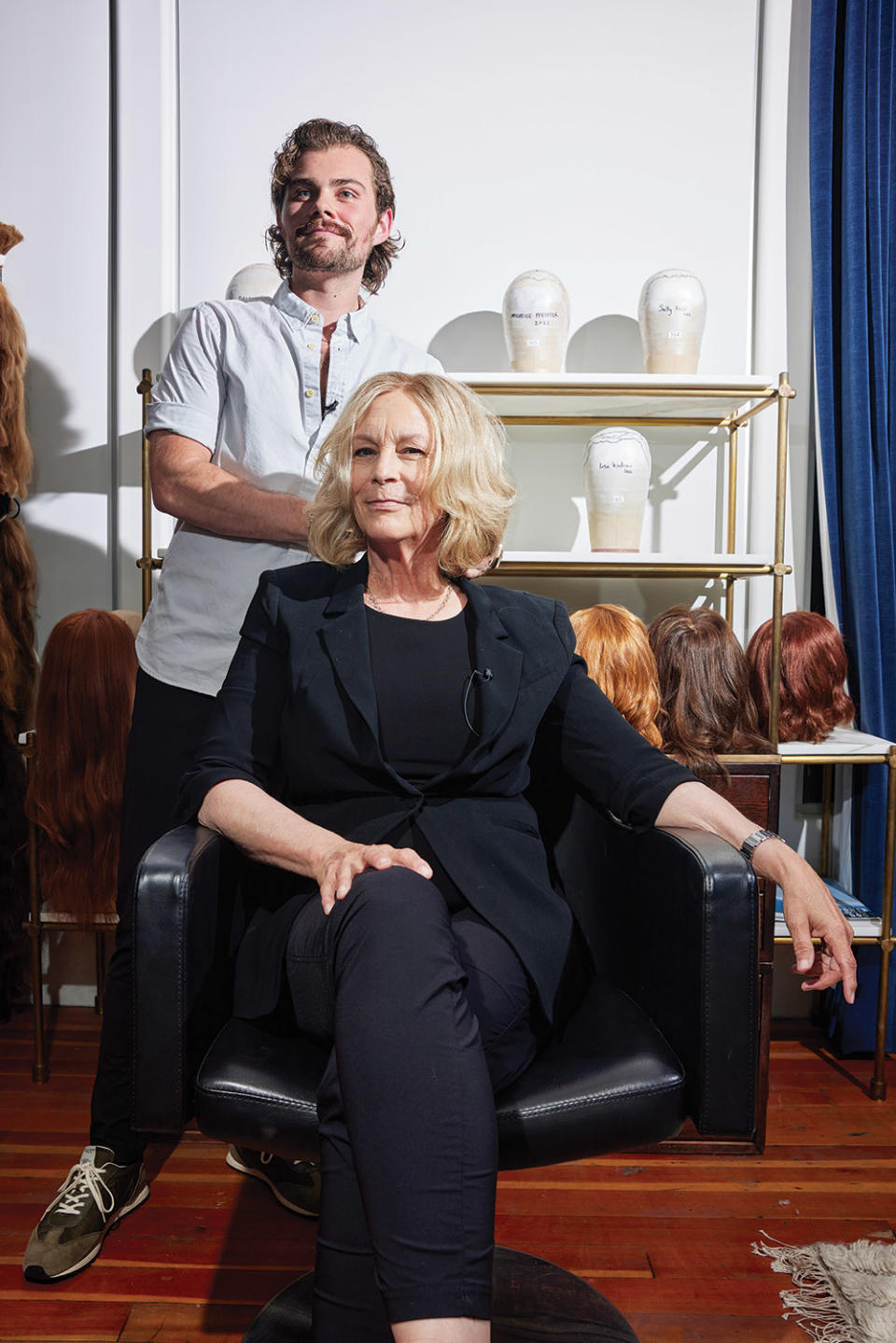 Rob Pickens and client Jamie Lee Curtis, wearing the wig that she dons onscreen on The Bear. They were photographed in July at the Wigmaker Associates atelier in Los Angeles.