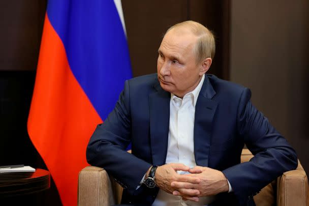 PHOTO: Russian President Vladimir Putin listens to Belarusian President Alexander Lukashenko during their meeting in the Bocharov Ruchei residence in the Black Sea resort of Sochi, Russia, Sept. 26, 2022. (Gavriil Grigorov, Sputnik, Kremlin Pool Photo via AP)