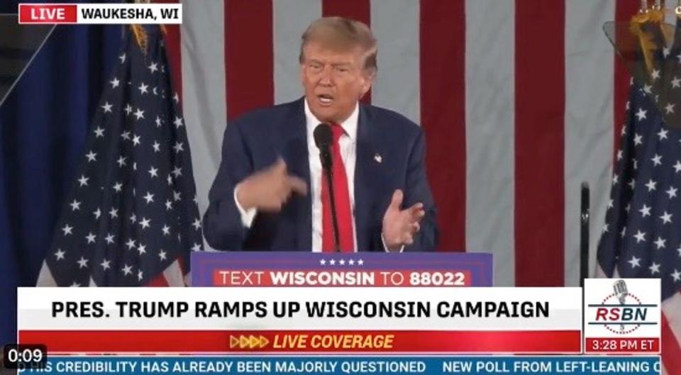 Donald Trump speaks at rally in Wisconsin on 1 May 2024 (RSBN)