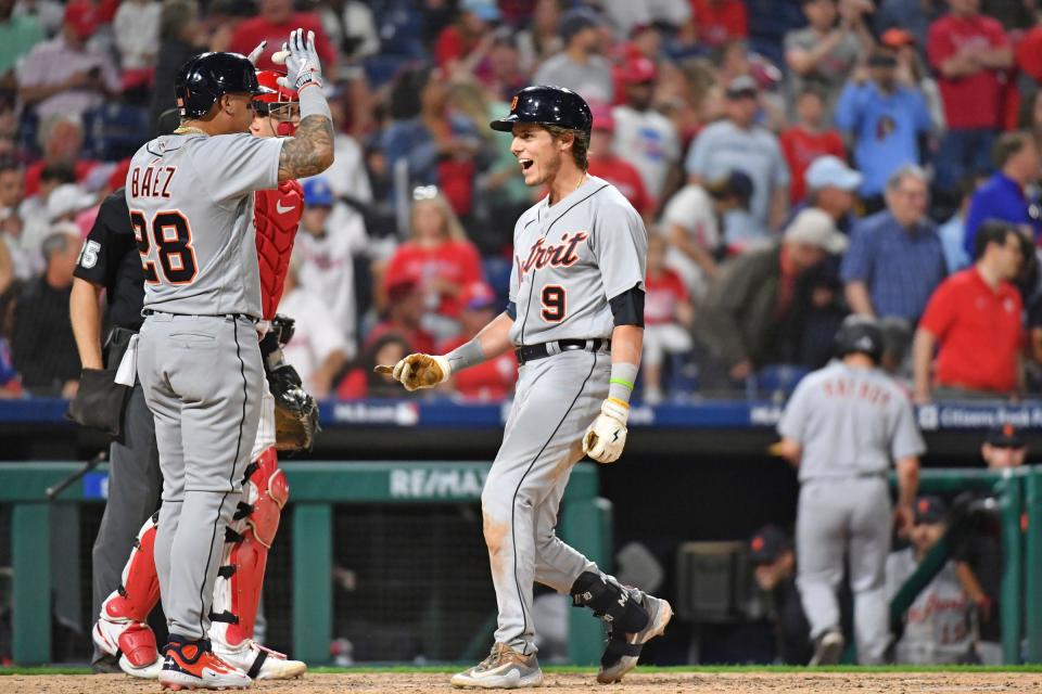 Detroit Tigers third baseman Nick Maton (9) celebrates his three-run home run with shortstop Javier Baez (28) during the seventh inning against the Philadelphia Phillies at Citizens Bank Park in Philadelphia on Monday, June 5, 2023.
