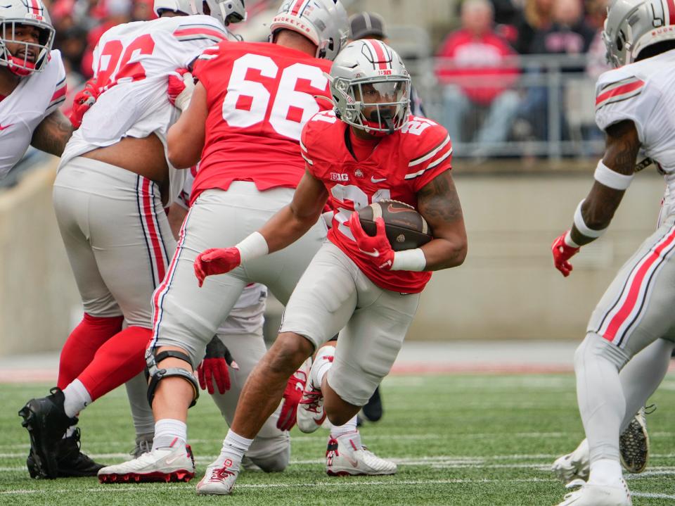 Ohio State Buckeyes running back Evan Pryor (21) runs during the spring football game at Ohio Stadium in Columbus on April 16, 2022.