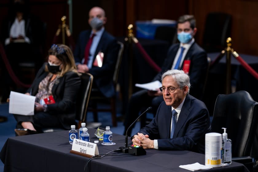 WASHINGTON, DC - FEBRUARY 22: Federal Judge Merrick Garland testifies before a Senate Judiciary Committee hearing on his nomination to be US Attorney General on Capitol Hill on Monday, Feb. 22, 2021 in Washington, DC. (Kent Nishimura / Los Angeles Times)