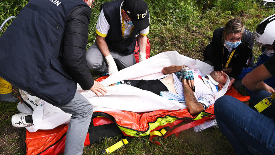 Cyril Lemoine, pictured here being attended to by medics after the crash.