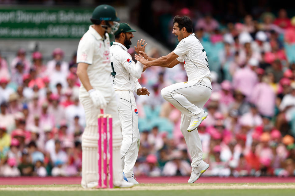 SYDNEY, AUSTRALIA - JANUARY 05: Mir Hamza of Australia celebrates the wicket of Steve Smith of Australia during day three of the Men's Third Test Match in the series between Australia and Pakistan at Sydney Cricket Ground on January 05, 2024 in Sydney, Australia. (Photo by Darrian Traynor/Getty Images)