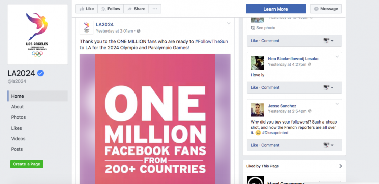 The LA 2024 Facebook page has 1 million followers, but are they real? (Facebook)