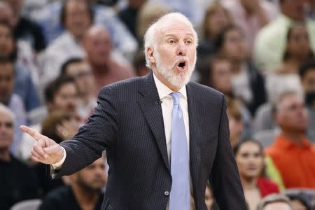 May 22, 2017; San Antonio, TX, USA; San Antonio Spurs head coach Gregg Popovich gives direction to his team against the Golden State Warriors during the first half in game four of the Western conference finals of the NBA Playoffs at AT&T Center. Mandatory Credit: Soobum Im-USA TODAY Sports