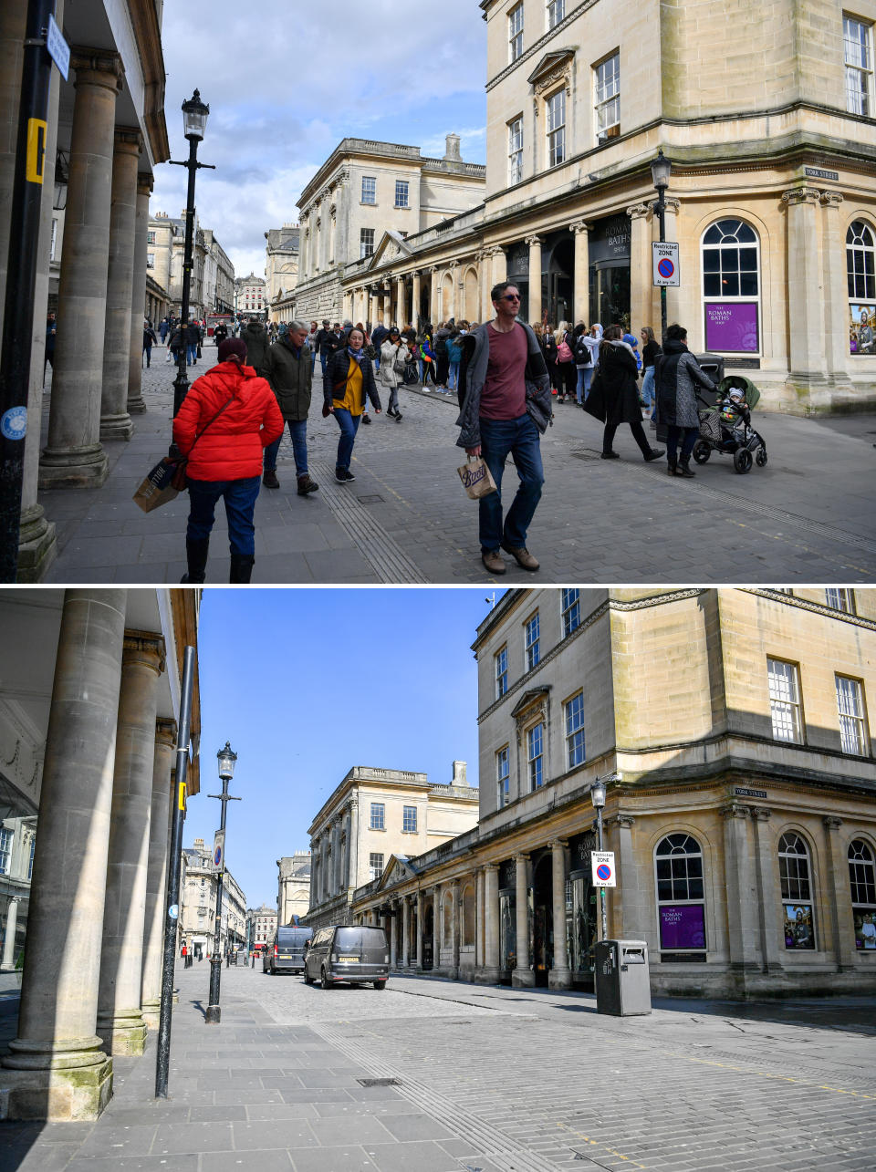 A composite image of the streets in the centre of Bath busy with visitors and shoppers on 11/03/20 (top) and the empty streets on Tuesday 24/03/20 the day after Prime Minister Boris Johnson put the UK in lockdown to help curb the spread of the coronavirus.