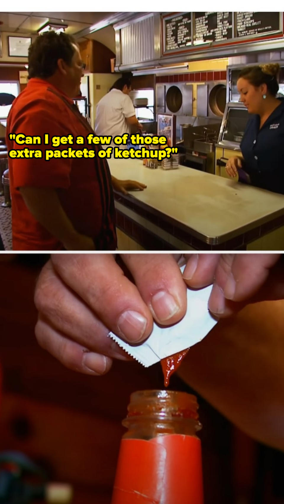 A person interacts with staff in a diner; close-up of a hand opening a condiment packet