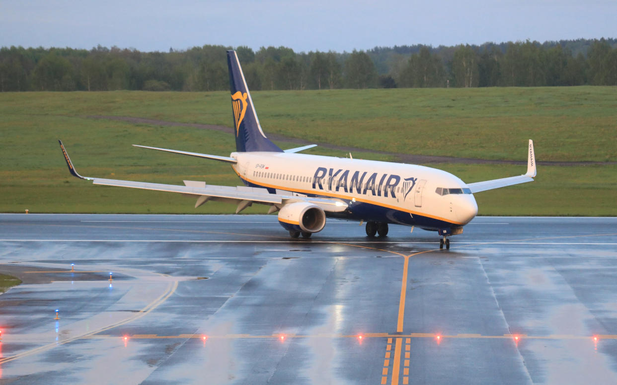 A photo taken on May 23, 2021 shows a Boeing 737-8AS Ryanair passenger plane (flight FR4978, SP-RSM) from Athens, Greece, that was intercepted and diverted to Minsk.