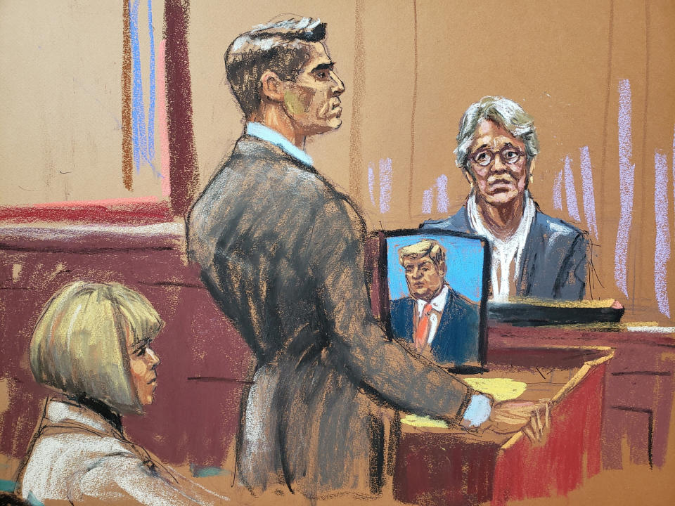 Jessica Leeds testifies during a civil trial, where E. Jean Carroll accuses the former U.S. president in a civil lawsuit of raping her in a department store dressing room in the mid-1990s, and of defamation, in New York, U.S., May 2, 2023, in this courtroom sketch. REUTERS/Jane Rosenberg