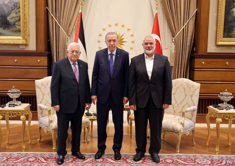 Turkey's President Tayyip Erdogan meets with Palestinian President Mahmoud Abbas and Palestinian group Hamas' top leader Ismail Haniyeh in Ankara