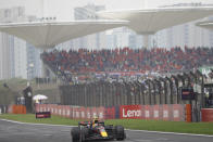 Red Bull driver Sergio Perez of Mexico steers his car during the Chinese Formula One Grand Prix at the Shanghai International Circuit, Shanghai, China, Sunday, April 21, 2024. (Andres Martinez Casares/Pool Photo via AP)