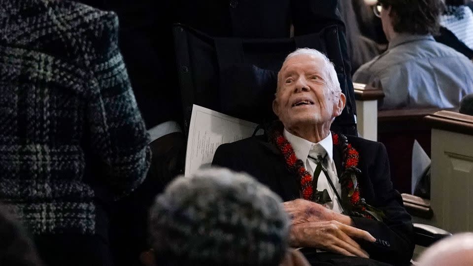 An ailing Jimmy Carter departs a funeral service for his wife, former first lady Rosalynn Carter, at Maranatha Baptist Church in Plains, Georgia, on November 29, 2023. - Alex Brandon/Pool/AFP/Getty Images
