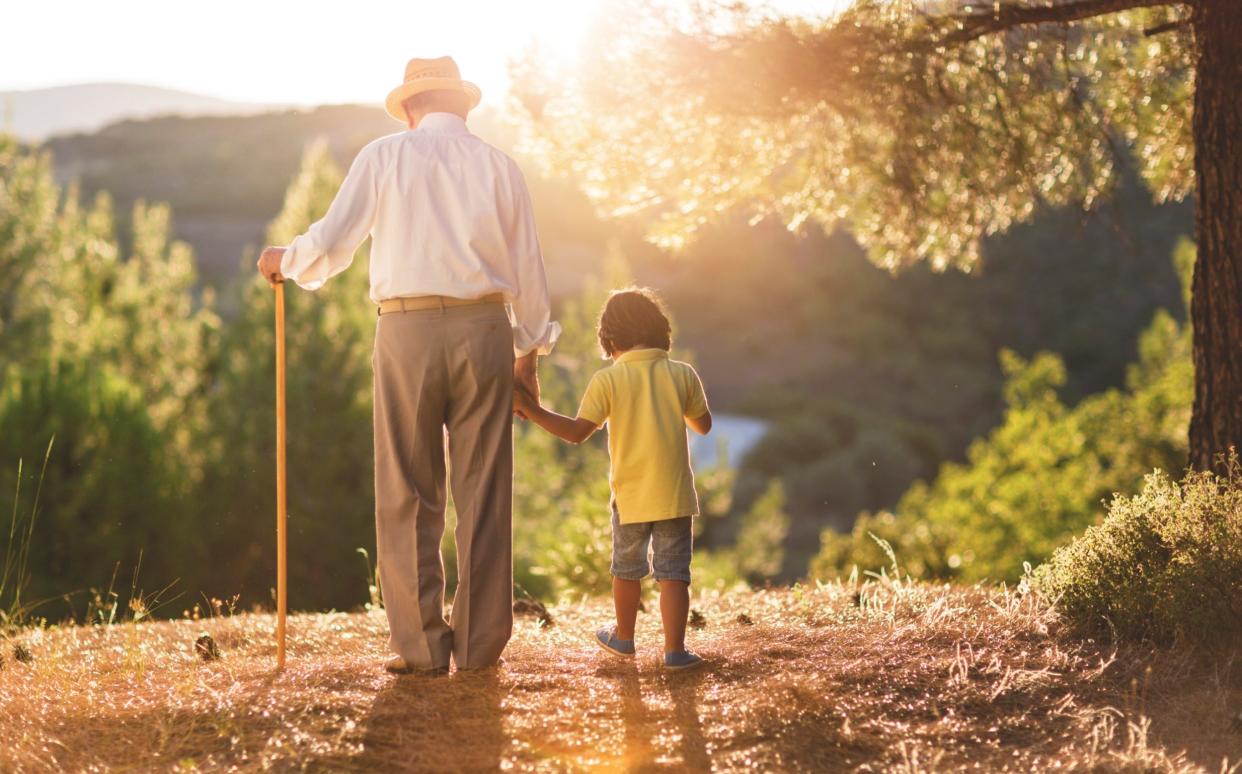 Stock pic rear view of older man holding child's hand