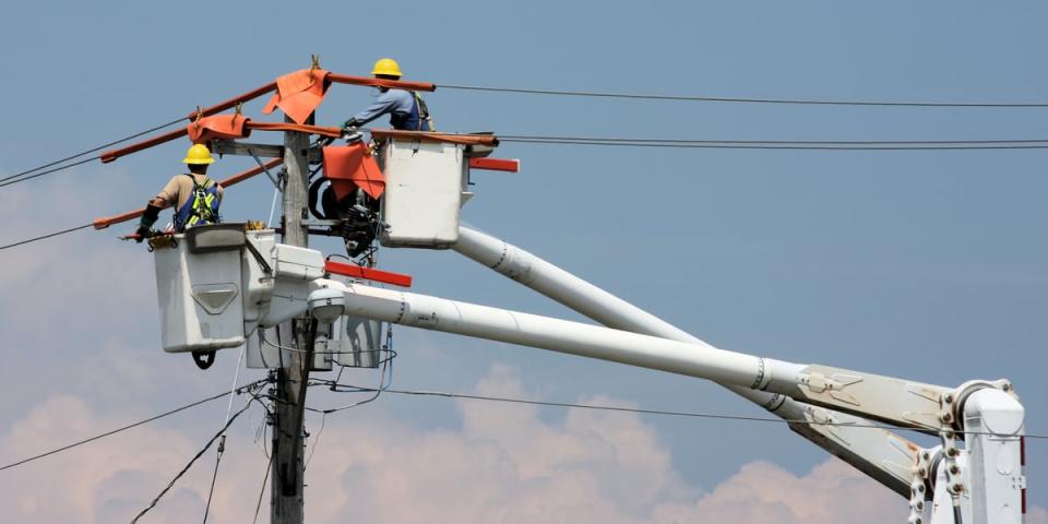 Two people wearing personal protective equipment working on a power line. 