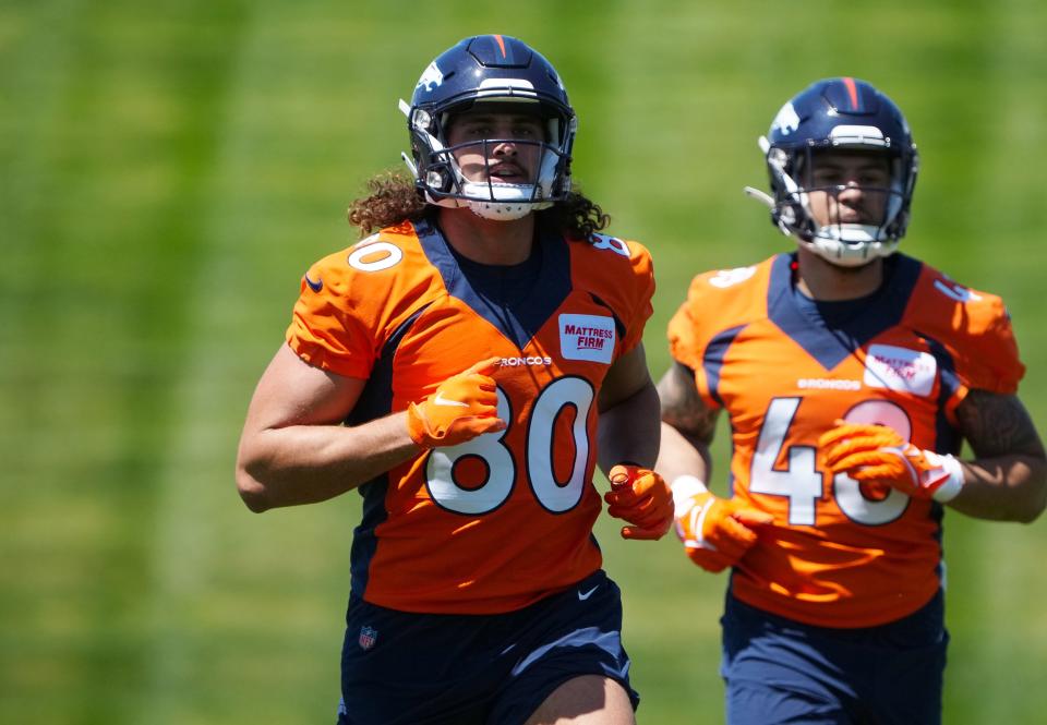 Denver Broncos tight end Greg Dulcich (80) during minicamp drills at UCHealth Training Center.