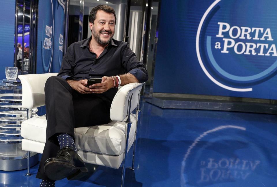 Italian Deputy Premier and Interior Minister, Matteo Salvini, attends a RAI state TV program in Rome, Wednesday, June 26, 2019. A German humanitarian ship carrying 42 migrants rescued off Libya two weeks ago is in Italian waters within sight of Lampedusa island in defiance of a ban by the country's hard-line interior minister. Interior Minister Matteo Salvini said he wouldn't allow any of the migrants to disembark and threatened Wednesday to deploy law enforcement. (Riccardo Antimiani/ANSA via AP)