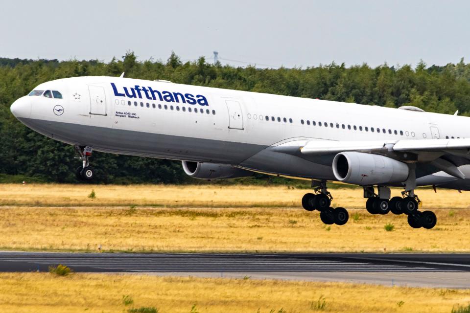 Lufthansa Airbus A340 passenger aircraft as seen landing at Eindhoven Airport EIN 