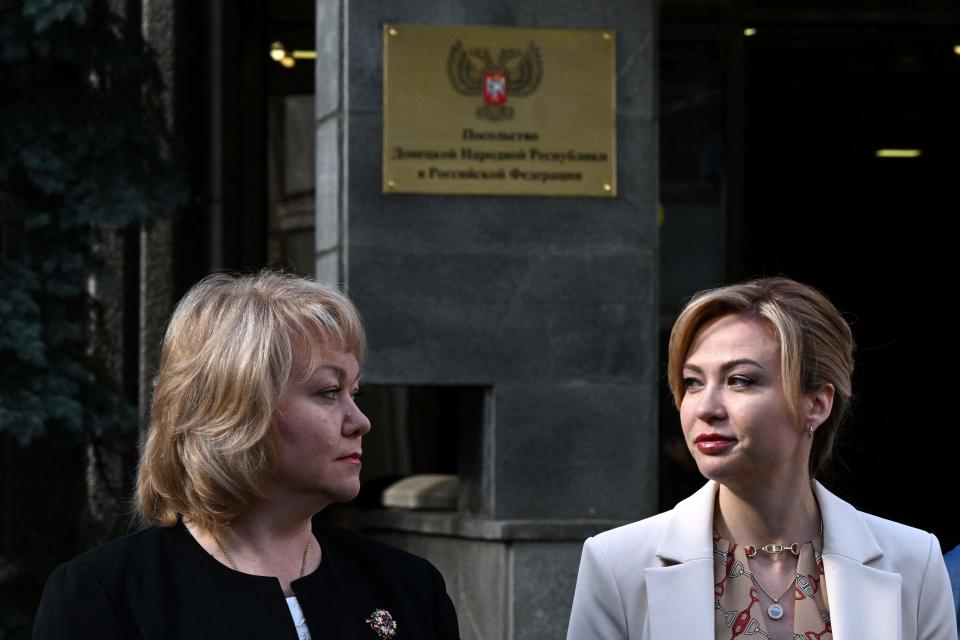 (L-R) Olga Makeyeva, the self-proclaimed Donetsk People's Republic ambassador to Russia, and Natalia Nikonorova, 