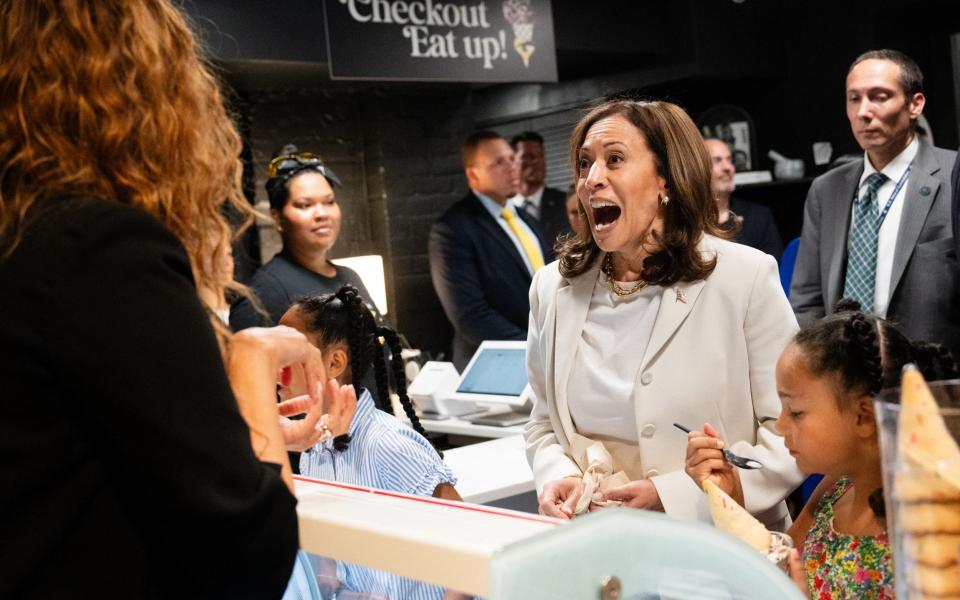 US Vice President Kamala Harris stops for ice cream at a shop owned by US model Tyra Banks, in Washington DC