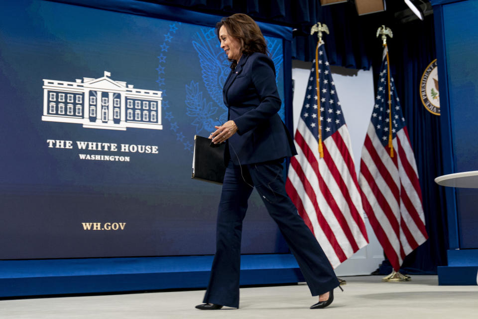 Vice President Kamala Harris departs following a virtual meeting with community leaders to discuss COVID-19 public education efforts in the South Court Auditorium in the Eisenhower Executive Office Building on the White House Campus, Thursday, April 1, 2021, in Washington. (AP Photo/Andrew Harnik)