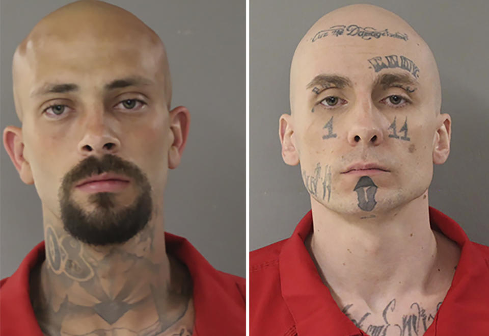 This photo combo provided by Twin Falls County Sheriff's Office in Idaho shows from left, Nicholas Umphenour and Skylar Meade. Meade and Umphenour were arrested in Twin Falls, Idaho, on Thursday, March 21, 2024, about 36 hours after Umphenour shot two Idaho corrections officers as they were preparing to return Meade to prison from a hospital, police said. They were due to be arraigned Friday. (Twin Falls County Sheriff's Office via AP)