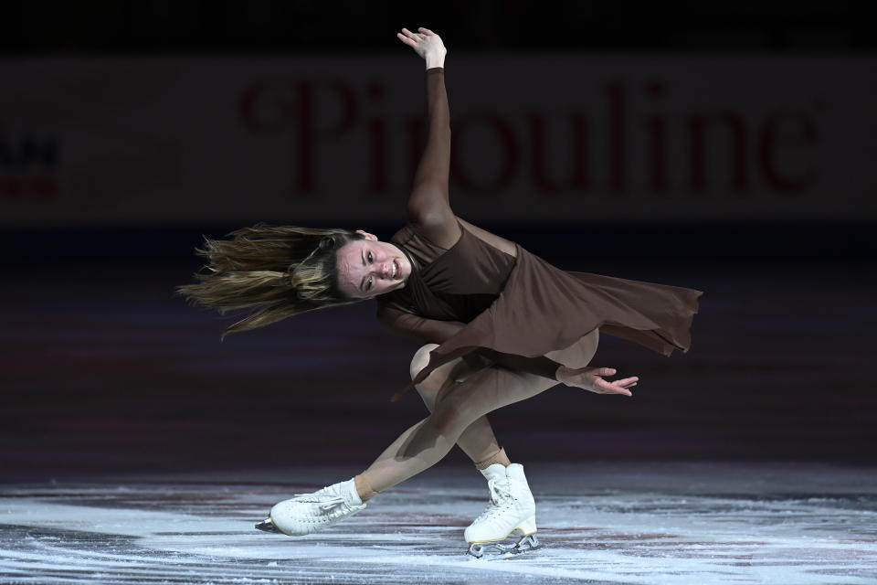 Mariah Bell performs during the skating spectacular at the U.S. Figure Skating Championships, Sunday, Jan. 9, 2022, in Nashville, Tenn. (AP Photo/Mark Zaleski)