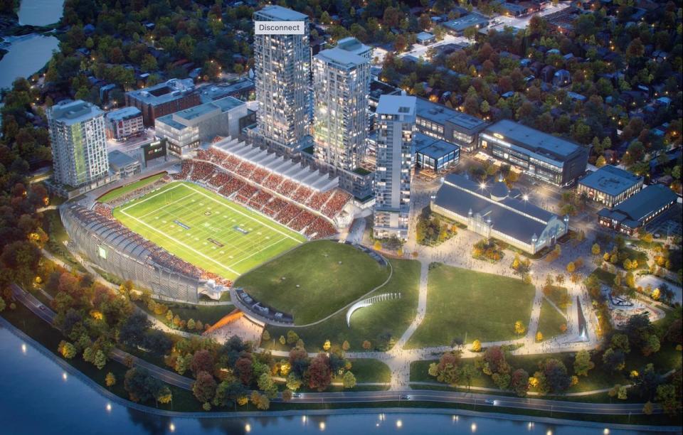 The Lansdowne 2.0 project proposed by Ottawa Sports and Entertainment Group would see a new municipally owned arena constructed at the end zone of the football field, partly on the current park space, paid for in large part by the development of three towers above new northside stands.