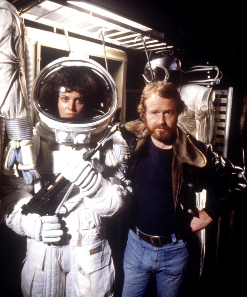 Sigourney Weaver (left) and director Ridley Scott on the set of Alien in 1978