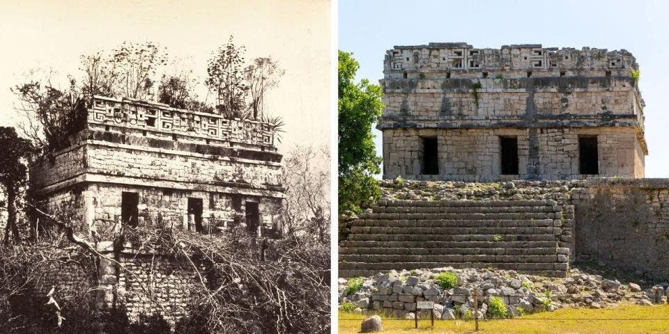 Two photos of Casa Colorado in Chicen Itza. One before it was discovered and one after.