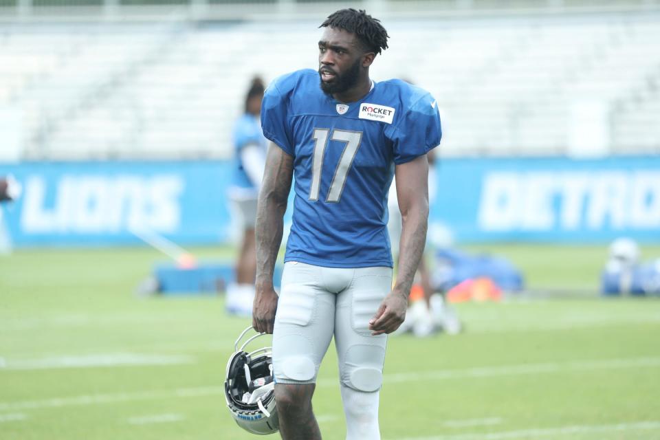 Detroit Lions wide receiver Denzel Mims (17) walks off the field after training camp at team headquarters in Allen Park on Friday, July 28, 2023.