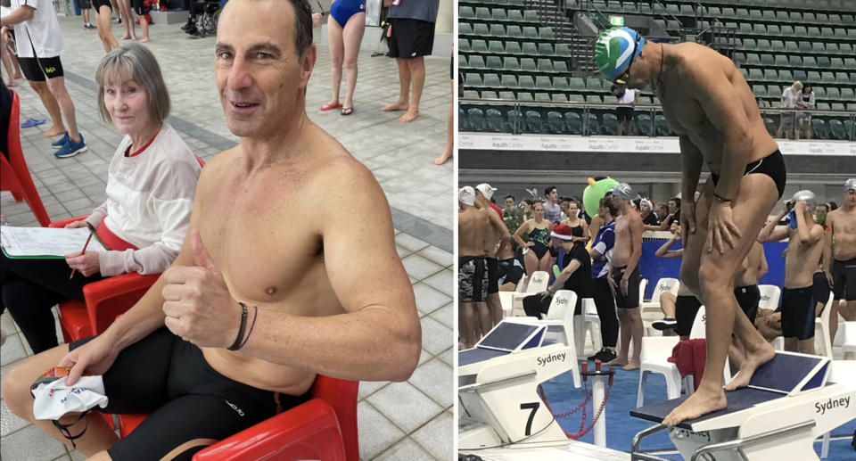 Peter Michaelson (left) and Peter preparing to dive into a pool (right).