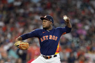 Houston Astros starting pitcher Framber Valdez throws during the first inning of a baseball game against the Los Angeles Angels Sunday, July 3, 2022, in Houston. (AP Photo/David J. Phillip)