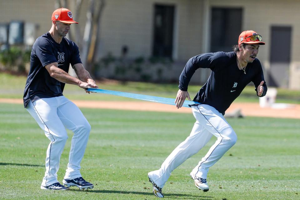Detroit Tigers pitcher Kenta Maeda and Jack Flaherty work out during spring training at Tigertown in Lakeland, Fla. on Wednesday, Feb. 14, 2024.