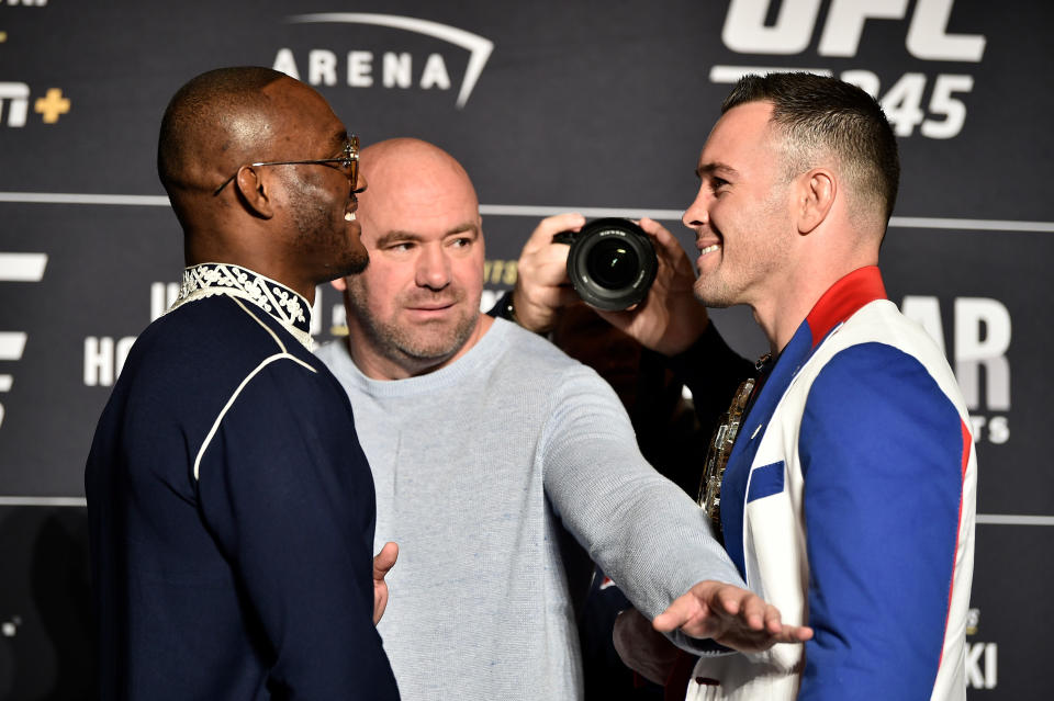 LAS VEGAS, NEVADA - DECEMBER 12:  (L-R) Kamaru Usman of Nigeria and Colby Covington face off during the UFC 245 Ultimate Media Day at the Red Rock Casino Resort on December 12, 2019 in Las Vegas, Nevada. (Photo by Chris Unger/Zuffa LLC via Getty Images)