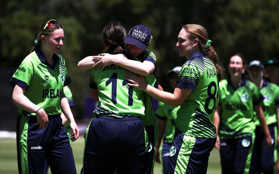 Players of Ireland celebrate following a warm-up match between Ireland and Australia prior to the ICC Women's T20 World Cup South Africa 2023 at Stellenbosch University 1 on February 08, 2023 in Stellenbosch, South Africa - Jan Kruger/Getty Images