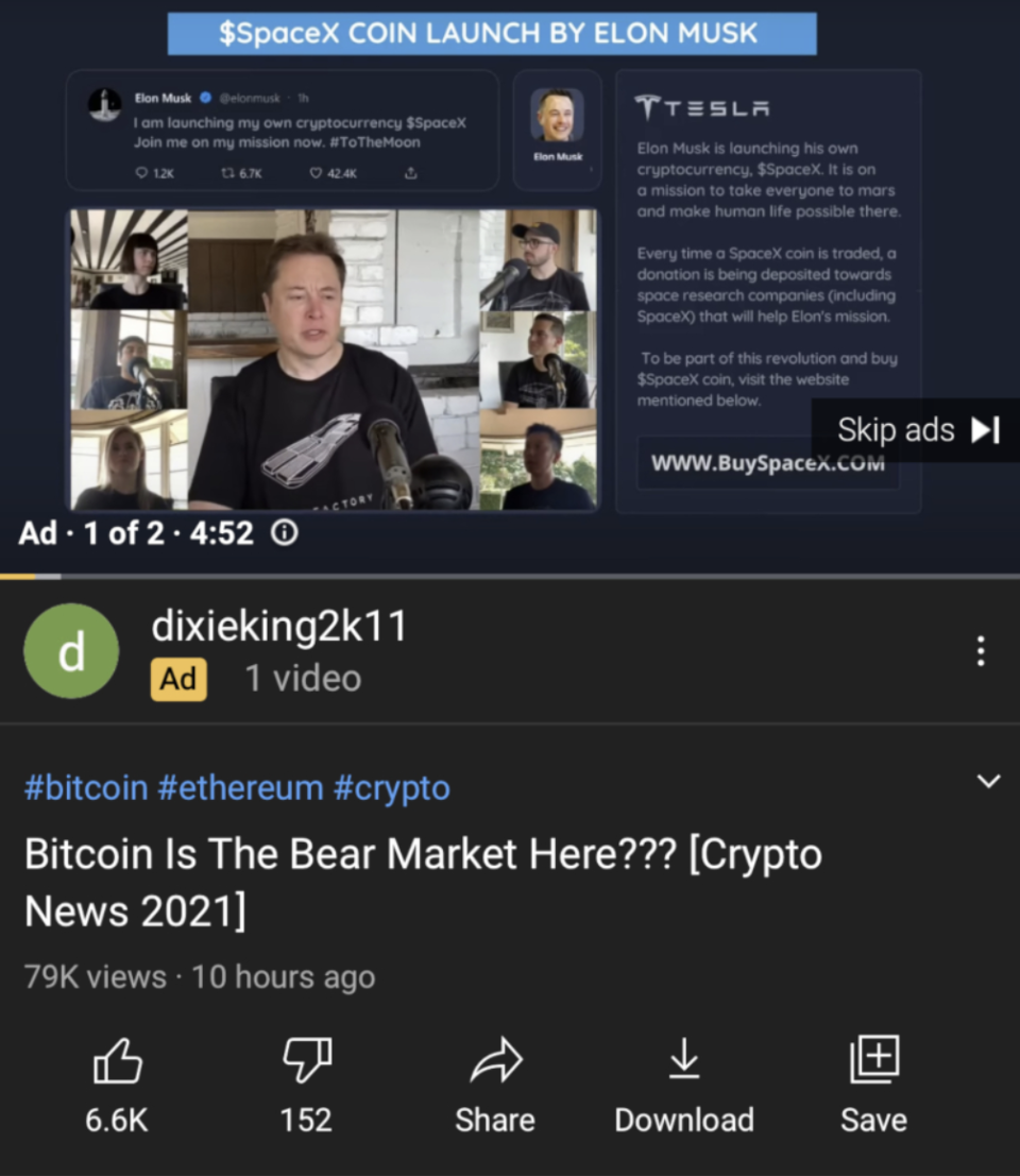 Screenshot of fake $SpaceX coin ad on YouTube