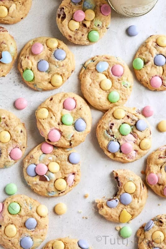 <p>Tutti Dolci</p><p>Soft and pillowy Easter cheesecake cookies studded with pastel Cadbury mini eggs and dark chocolate Easter M&M’s are perfect for spring! </p><p><strong>Get the recipe: <a href="https://tutti-dolci.com/easter-cheesecake-cookies/" rel="nofollow noopener" target="_blank" data-ylk="slk:Easter Cheesecake Cookies;elm:context_link;itc:0;sec:content-canvas" class="link rapid-noclick-resp">Easter Cheesecake Cookies</a></strong></p><p><strong>Related: <a href="https://parade.com/871654/stephaniebrubaker/14-chocolate-chip-cookie-desserts/" rel="nofollow noopener" target="_blank" data-ylk="slk:14 Chocolate Chip Cookies;elm:context_link;itc:0;sec:content-canvas" class="link rapid-noclick-resp">14 Chocolate Chip Cookies</a></strong></p>