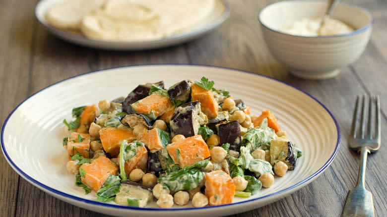 Tahini and squash, eggplant, chickpea, and greens