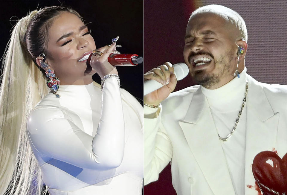 En esta combinación de fotos, Karol G, a la izquierda, y J Balvin. Karol G y Balvin fueron anunciados como ganadores de los Pemios Latinos BMI el 29 de marzo de 2021. (Foto AP)