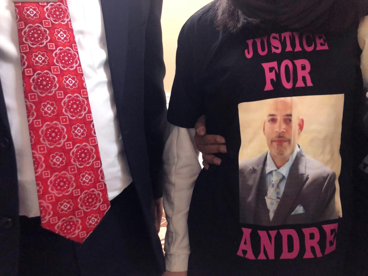 <p>FILE - Andre Hill, fatally shot by Columbus police, is memorialized on a shirt worn by his daughter, Karissa Hill</p> ((AP Photo/Andrew Welsh-Huggins))