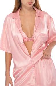 pink satin shirt and bra set