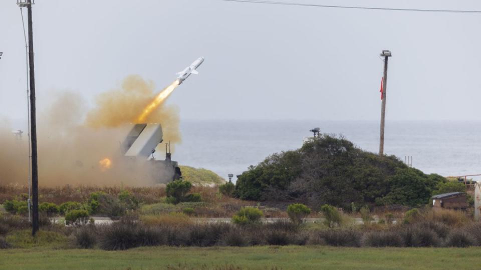 U.S. Marines with Fox Battery, 2nd Battalion, 11th Marine Regiment, 1st Marine Division, fire a Naval Strike Missile from a Navy/Marine Expeditionary Ship Interdiction System at Naval Air Station Point Mugu, California, June 28, 2023. (Cpl. Earik Barton/US Marine Corps)