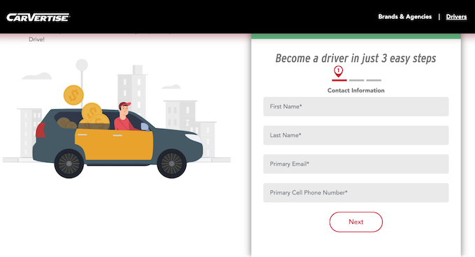 A screenshot of Carvertise's sign-up screen that prompts the user to enter contact info.