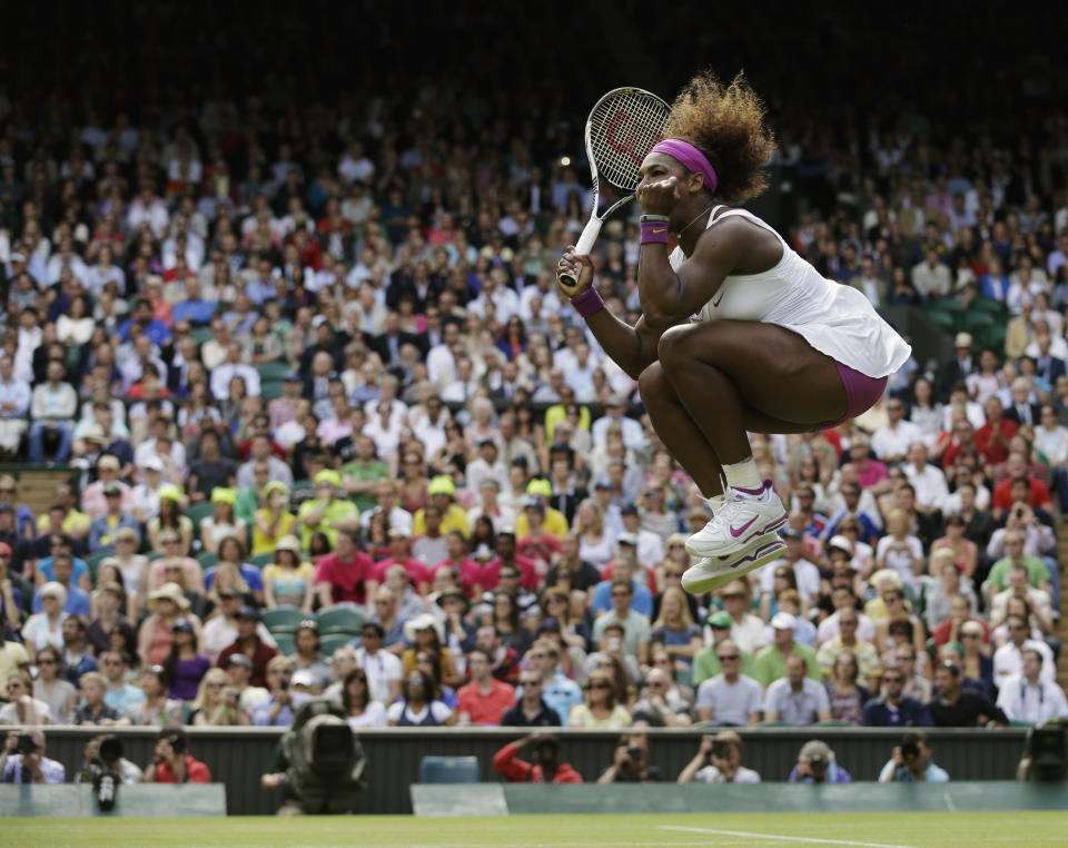 FILE - Serena Williams of the United States reacts after winning against Zheng Jie of China during a third round women's singles match at the All England Lawn Tennis Championships at Wimbledon, England, Saturday, June 30, 2012. (AP Photo/Anja Niedringhaus, File)