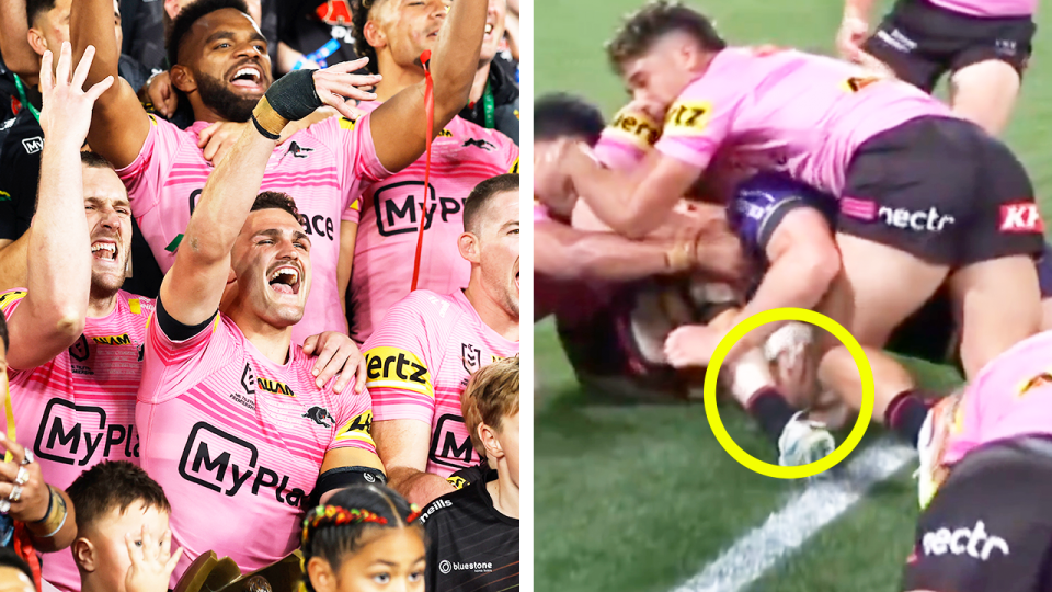 Nathan Cleary celebrates the nrl grand final and Jack Howarth is denied a try from the NRL Bunker.