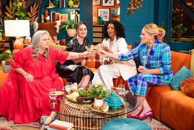 <p>QVC+/HSN+</p> Paula Pell, Busy Philipps, Sara Bareilles and Renee Elise Goldsberry on 'Busy This Week.'