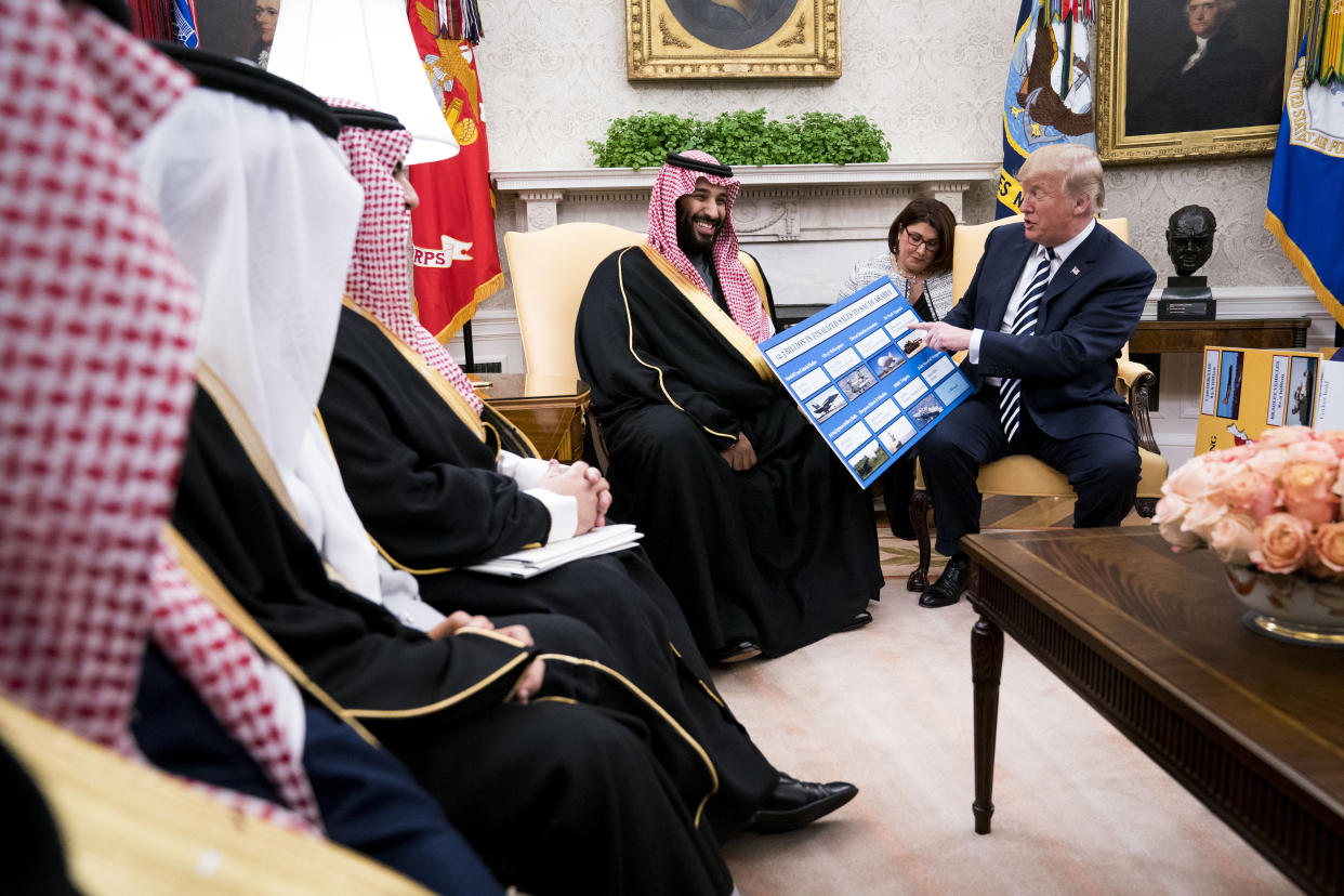 President Trump discussing weapons sales with Crown Prince Mohammed bin Salman in the Oval Office of the White House in Washington on March 20, 2018. (Doug Mills/The New York Times)