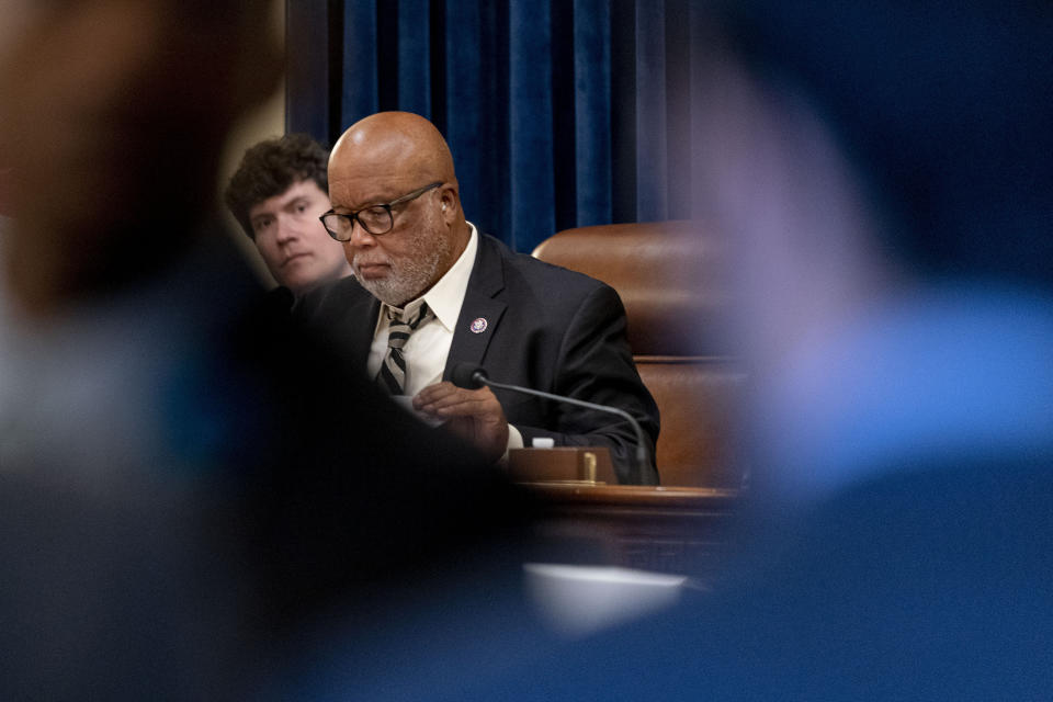 Chairman Rep. Bennie Thompson, D-Miss., meets with the select committee on the Jan. 6 attack as they prepare to hold their first hearing Tuesday, on Capitol Hill, in Washington, Monday, July 26, 2021. The panel will investigate what went wrong around the Capitol when hundreds of supporters of Donald Trump broke into the building and rioters brutally beat police, hunted for lawmakers and interrupted the congressional certification of Democrat Joe Biden's election victory over Trump. (AP Photo/Andrew Harnik)